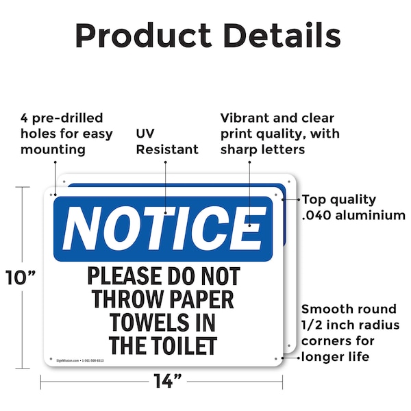 Please Do Not Throw Paper Towels In The Toilet, 14 In W X Rectangle, Aluminum